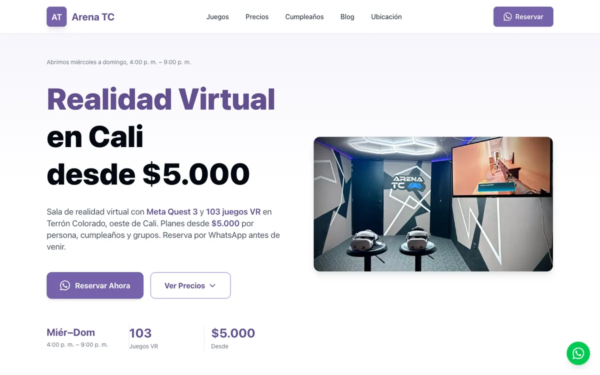 Portada de arenatc.com, sala de realidad virtual en Cali