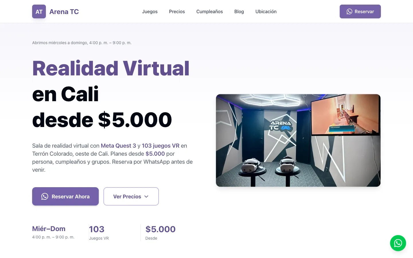 Portada de arenatc.com, sala de realidad virtual en Cali