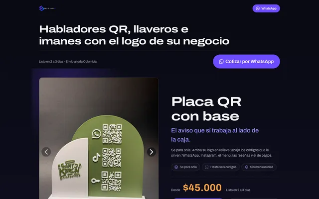 Portada de solidlab3d.com, habladores QR, llaveros e imanes con logo