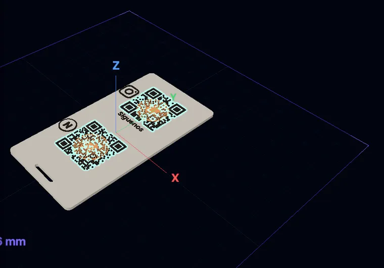 Placa para meseros en el software de Solid Lab: dos códigos QR en relieve, Nequi e Instagram